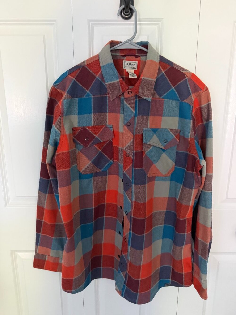 LL Bean Plaid Men's Large Long Sleeve Flannel Shirt - Orange, Blue